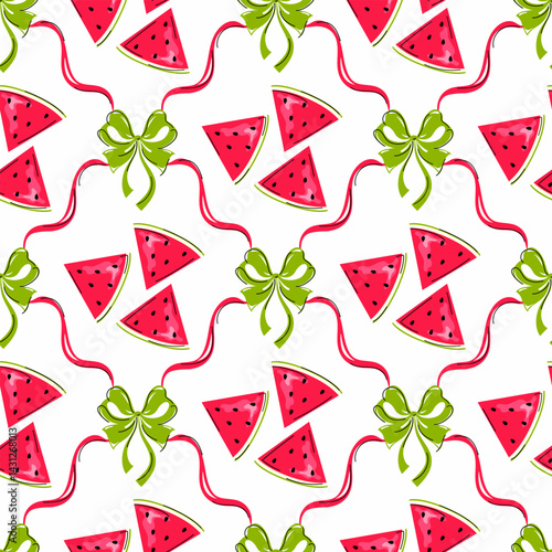 Cute watermelon slices with green ribbons and coquette bows seamless pattern. Trellis ribbons with sweet melons on white background