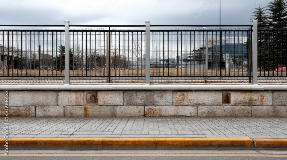 Elegant black metal fence features a wavy pattern beside a weathered concrete ledge and cobblestone walkway in a city setting