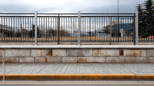 Obraz na płótnie Elegant black metal fence features a wavy pattern beside a weathered concrete ledge and cobblestone walkway in a city setting w salonie
