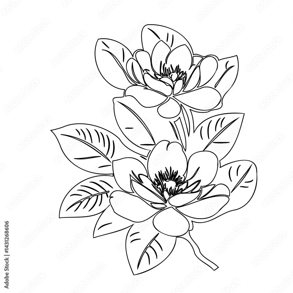 Elegant monochrome floral illustration showcases stylized magnolia blossoms design Elegant monochrome floral illustration showcases stylized magnolia blossoms design