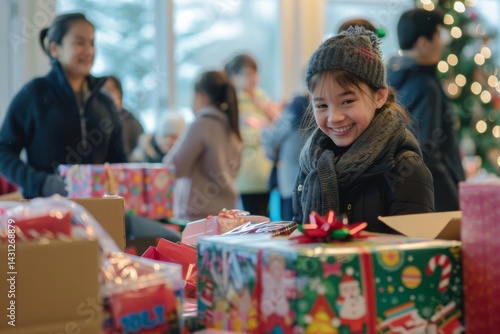 Community organizing toy drive, donating, wrapping, sorting gifts, spirit of giving togetherness