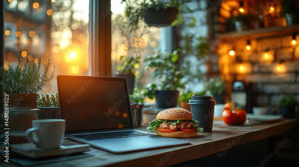 Cozy workspace with lunch Cozy workspace with lunch