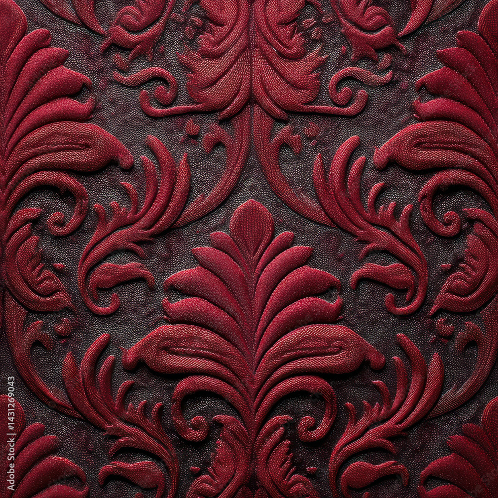 Elegant burgundy embossed velvet fabric with intricate floral patterns
