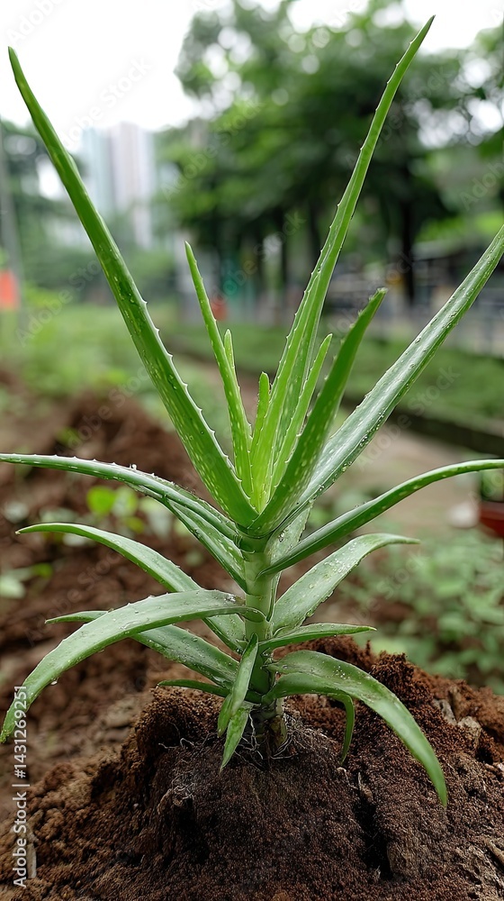 Bright green aloe vera leaves show sharp spines and droplets in a vibrant garden space with soft sofa-like background