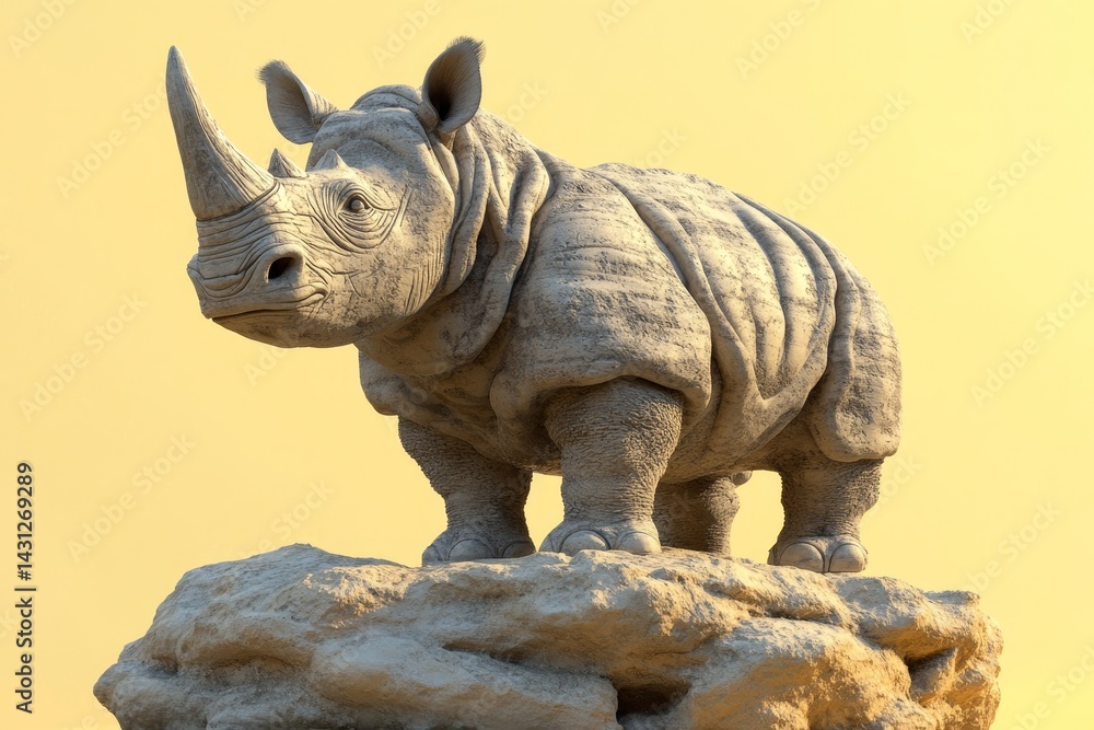 Fototapeta premium Gray rhinoceros statue perched atop a rocky outcrop.