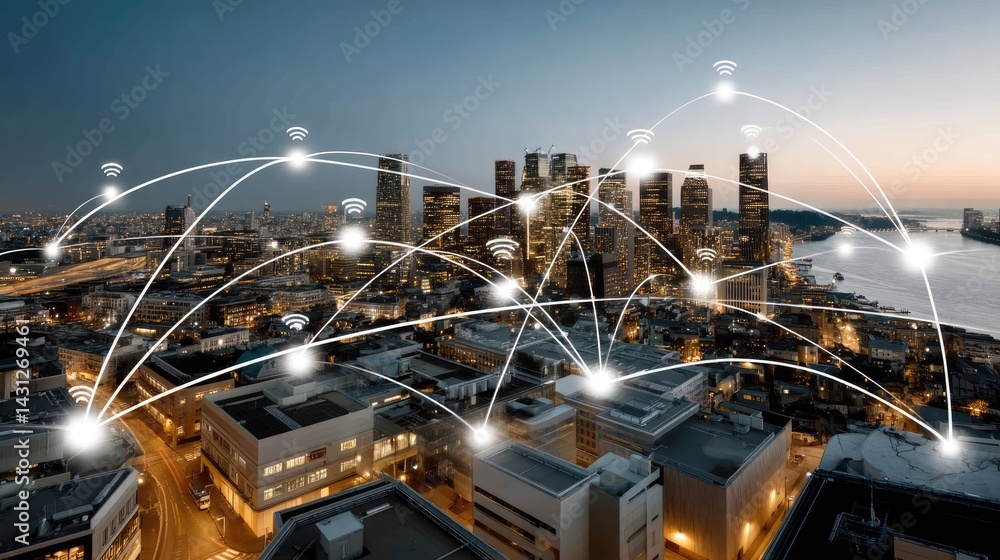 Vibrant urban landscape at night featuring internet network connections illustrating advanced technology in a smart city environment