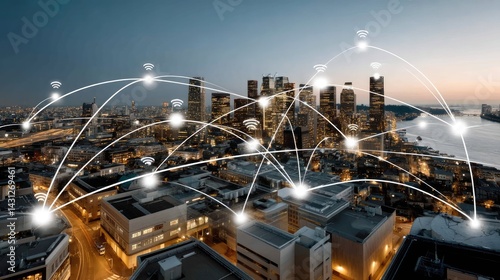 Obraz na płótnie Vibrant urban landscape at night featuring internet network connections illustrating advanced technology in a smart city environment w salonie