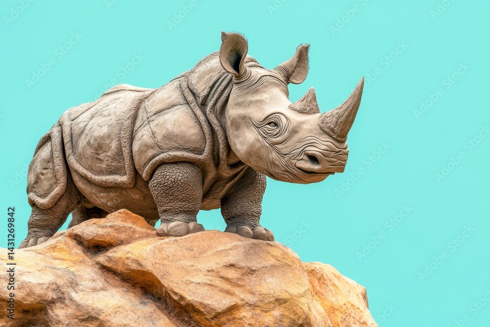 Fototapeta premium Gray rhinoceros statue perched atop a large rock formation.