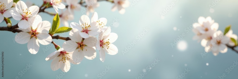 Obraz premium Full bloom white cherry blossoms, vibrant branches, bright light , floral pattern, design element, floral