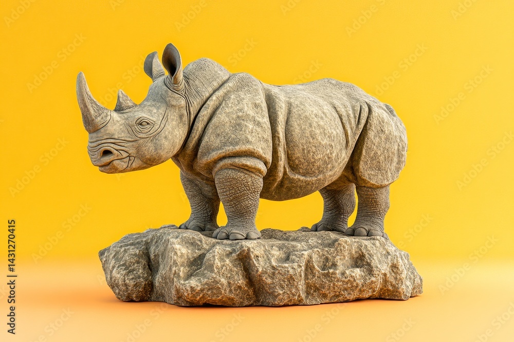 Fototapeta premium Grey rhinoceros statue atop a rock formation against a bright backdrop.