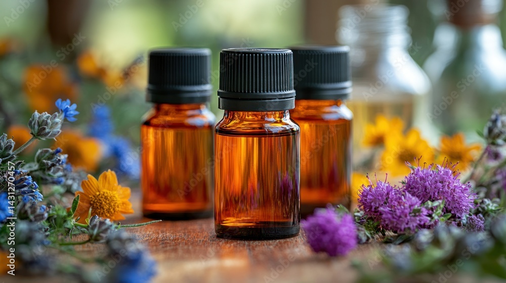 Essential oils in amber bottles surrounded by fresh flowers Essential oils in amber bottles surrounded by fresh flowers