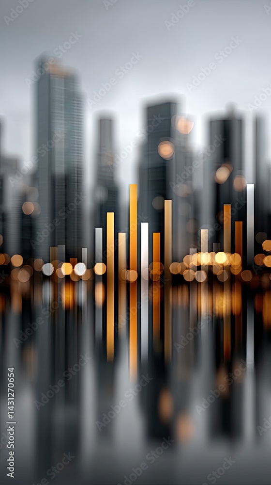Modern city skyline blends technology and business with holographic graphs, illustrating stock market trends and global growth