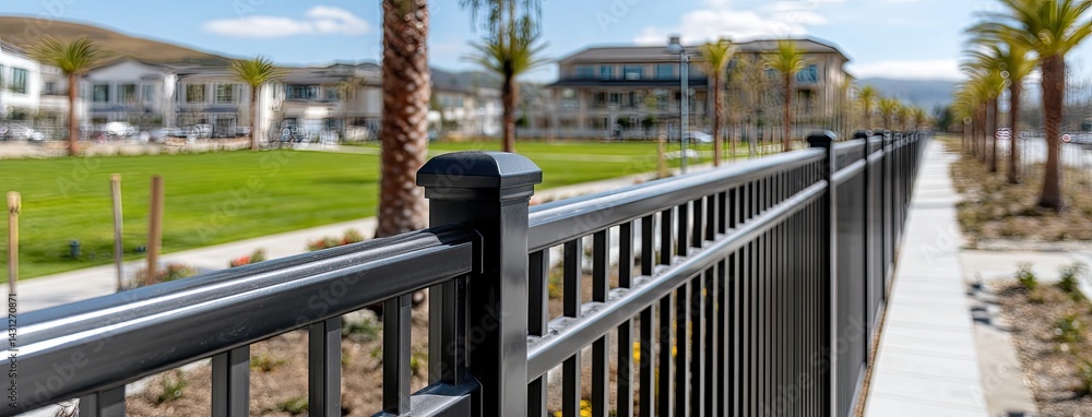 Black, modern fence with decorative elements enhances Florida suburb, while palm trees sway in a lush, green landscape