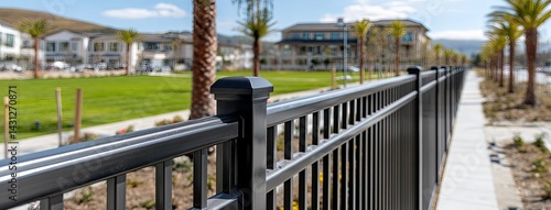 Obraz na płótnie Black, modern fence with decorative elements enhances Florida suburb, while palm trees sway in a lush, green landscape w salonie