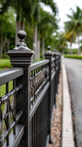 Obraz na płótnie A close-up of a decorative black fence showcases its design, framed by palm trees and green grass for a serene vibe w salonie