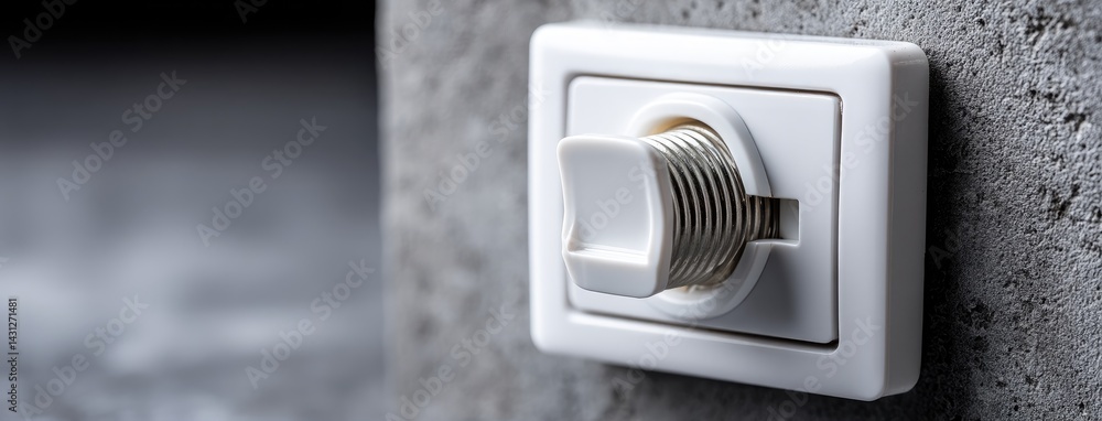 Close up of a white light switch with two levers on a gray concrete wall, highlighting minimalistic home decor details