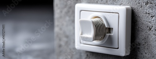 Obraz na płótnie Close up of a white light switch with two levers on a gray concrete wall, highlighting minimalistic home decor details w salonie
