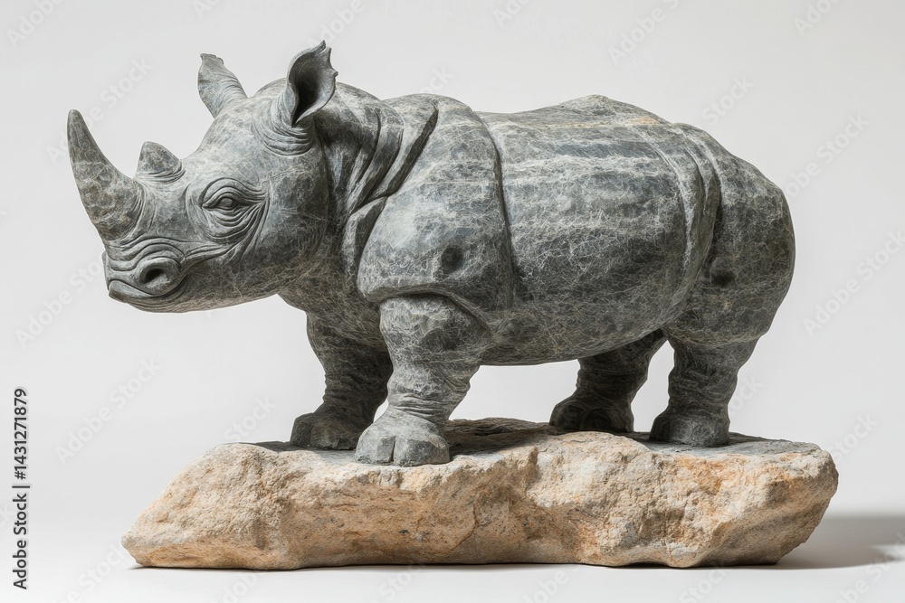Fototapeta premium Detailed stone carving of a black rhinoceros.