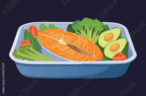 Salmon Steak with Vegetables - Vector Illustration