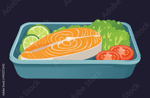 Fresh Salmon with Vegetables - Vector Illustration