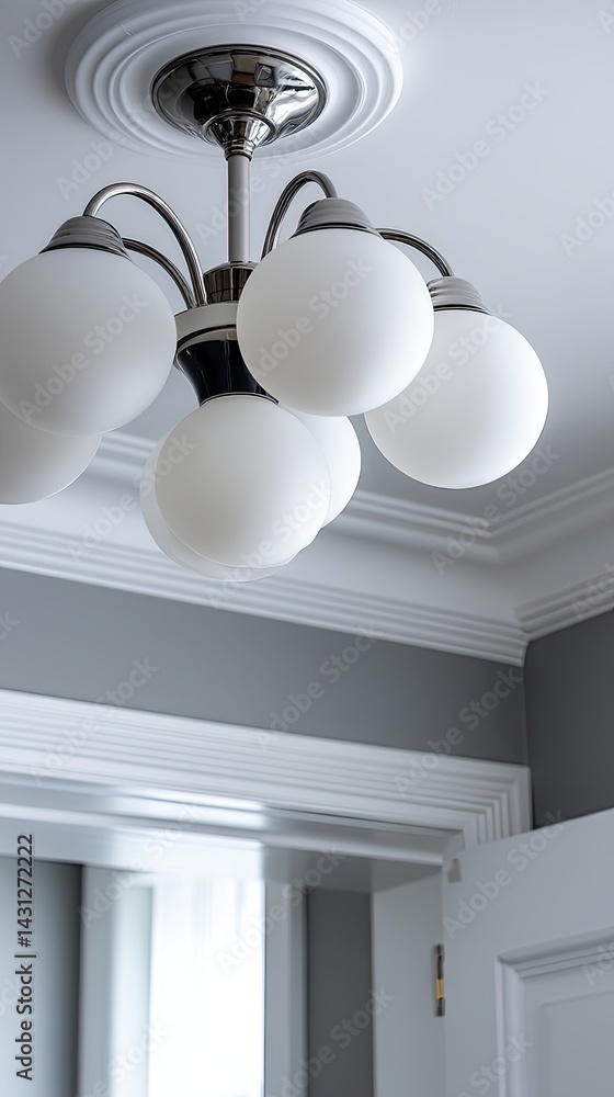 Close-up of a stylish ceiling light with six bulbs suspended in a modern space, highlighting its sleek design and contemporary elegance