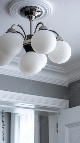 Obraz na płótnie Close-up of a stylish ceiling light with six bulbs suspended in a modern space, highlighting its sleek design and contemporary elegance w salonie