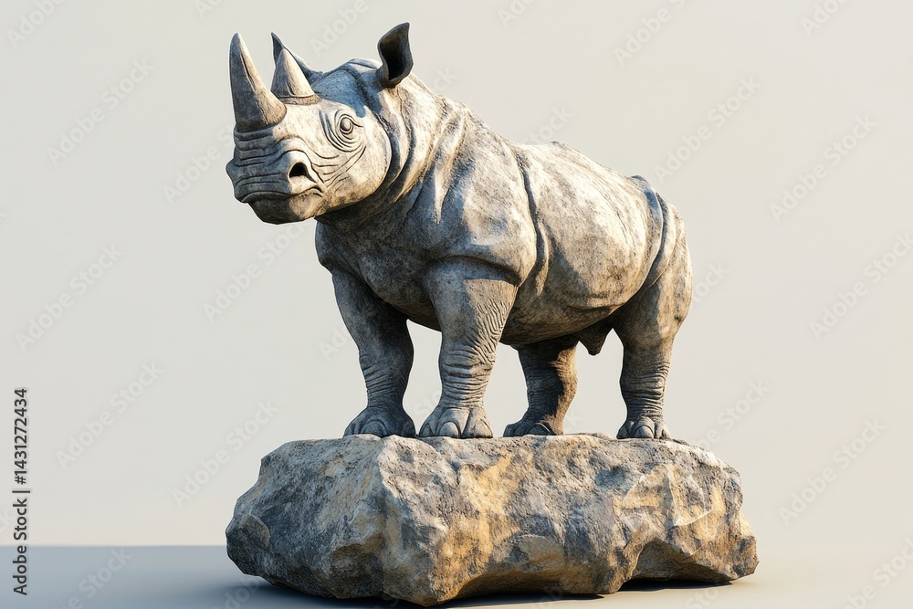 Fototapeta premium Detailed stone sculpture of a rhinoceros on a rocky outcrop.
