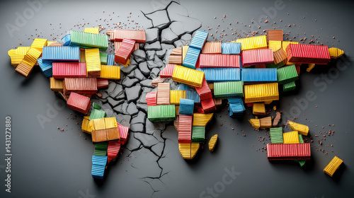 Obraz na płótnie Colorful shipping containers forming a fractured world map on gray background w salonie
