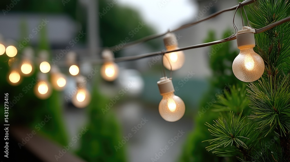 Bright yellow string lights hang over a lush garden filled with cypress trees, creating a warm atmosphere on a summer evening