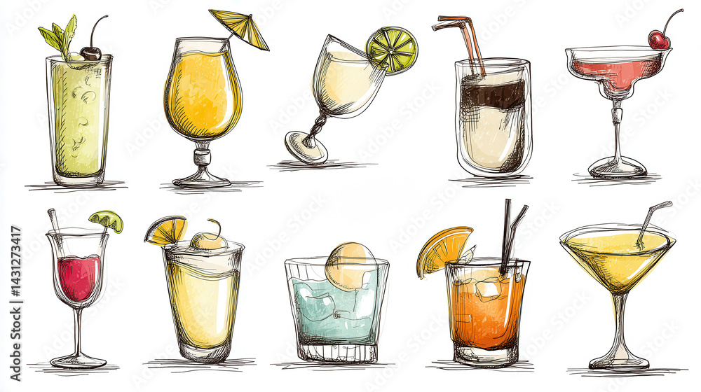 Hand-drawn illustrations of diverse colorful cocktails and drink glasses