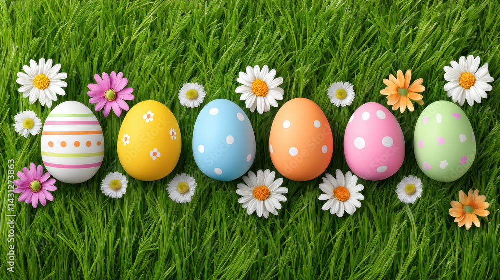 Colorful Easter eggs and daisies arranged on green grass background