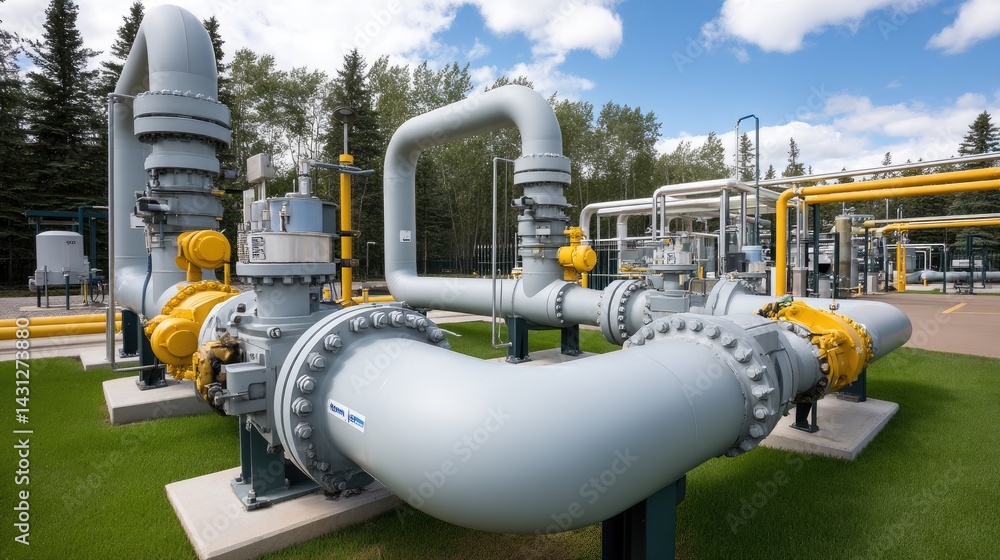 An oil and gas facility with yellow nozzles and white pipes is set amid lush rural land, highlighting energy production