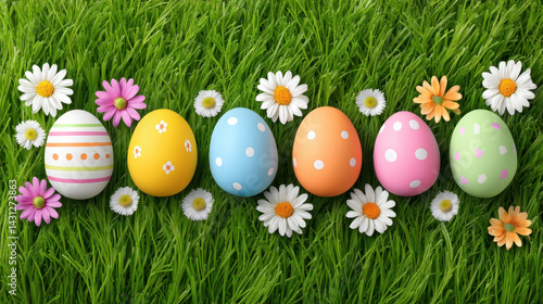 Obraz na płótnie Colorful Easter eggs and daisies arranged on green grass background w salonie