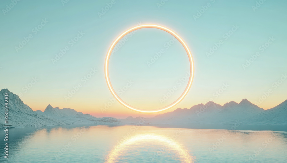Magical golden circle with reflections over serene water and snowy mountains