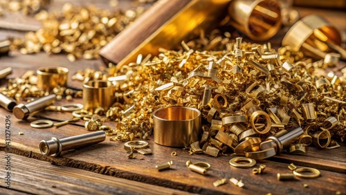 Wallpaper Mural Detailed image of brass material scrap from turning process, showing various metal shavings and chips on a wooden workbench, metal shavings, industrial waste Torontodigital.ca