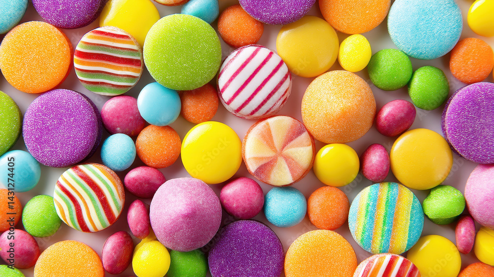 Vibrant assortment of colorful candies in various shapes and patterns