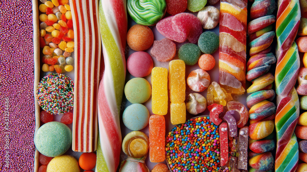 Top view of a vibrant colorful candy assortment background
