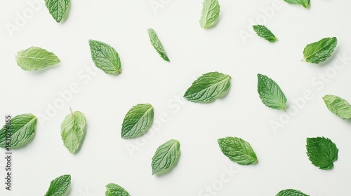 Fresh Mint Leaves Pattern on White Background Overhead Flat Lay Minimalist Style for Culinary and Wellness Projects