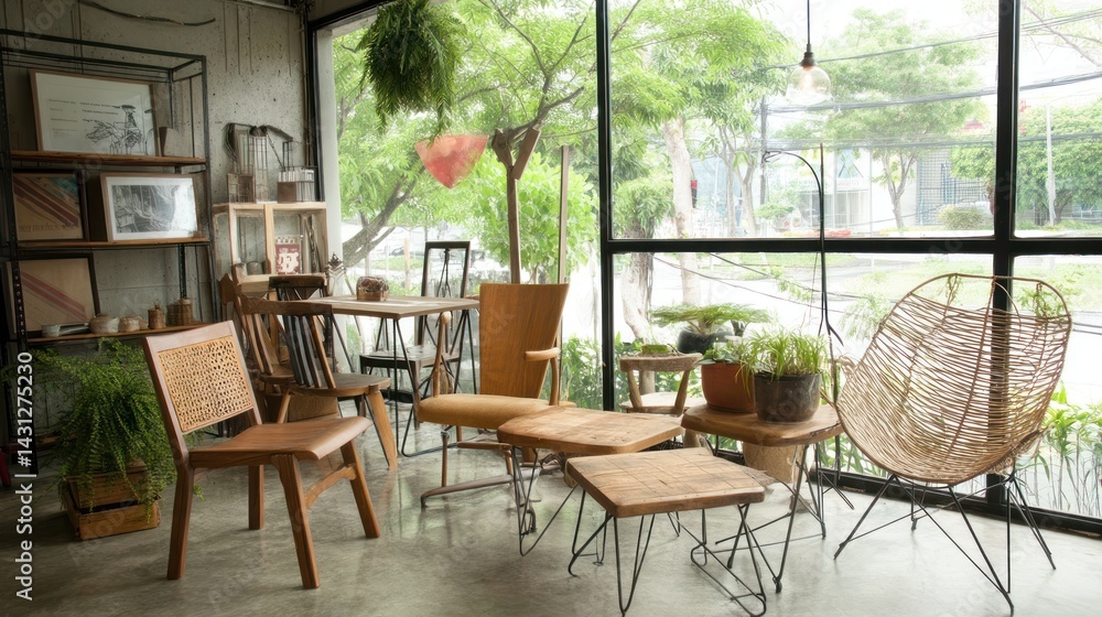 Fototapeta premium Cozy cafe interior with natural wood furniture and greenery