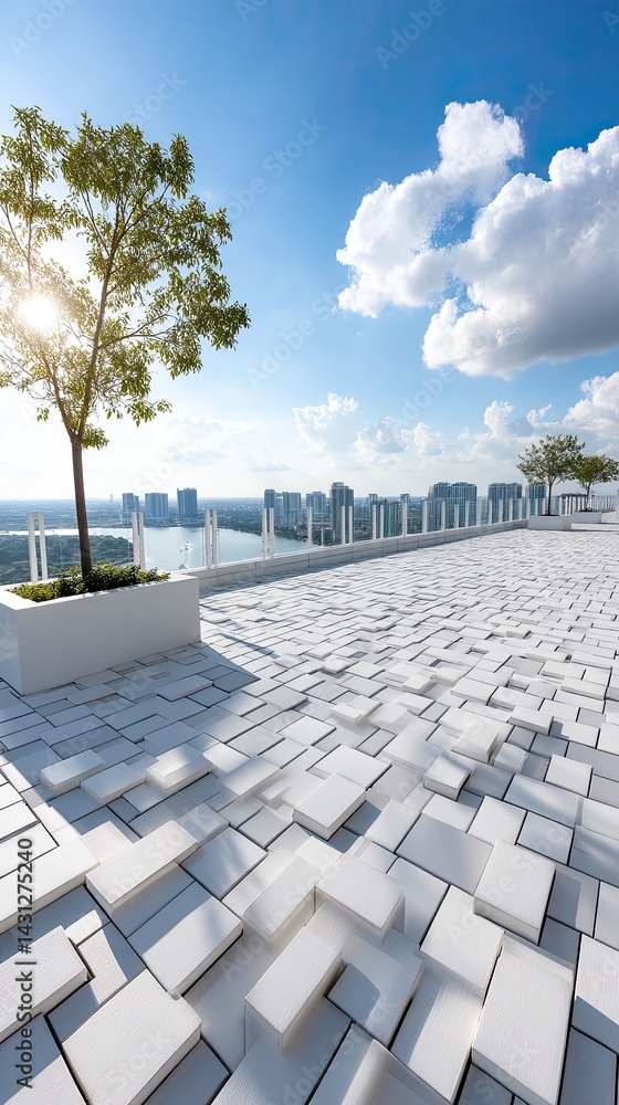 Modern architectural terrace features empty marble floor with city backdrop, offering panoramic views and space for product display