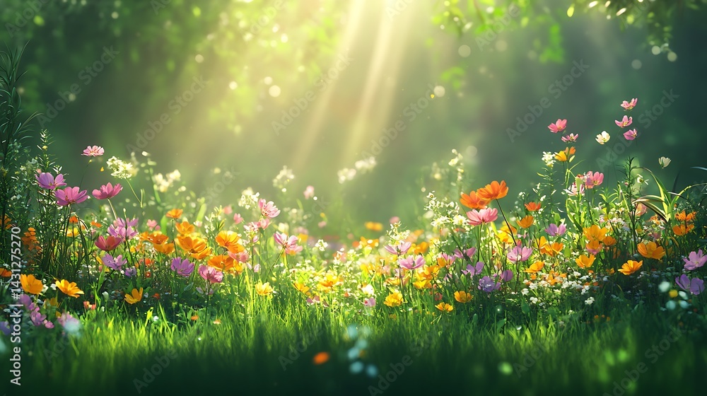 Obraz premium Vibrant Meadow of Colorful Flowers Under Soft Sunlight