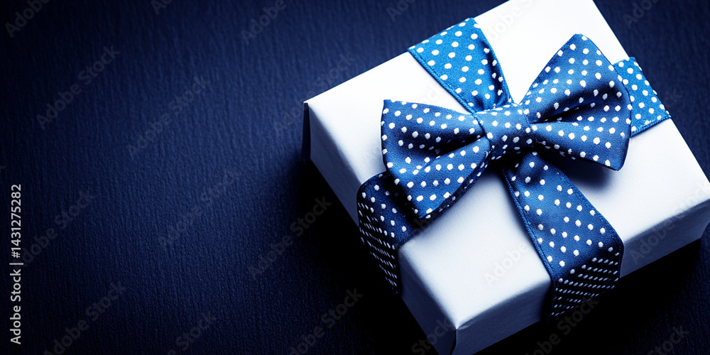 Gift father day. Blue bowtie , gift box with bow ribbon like bowtie on dark blue background. Fathers Day concept.