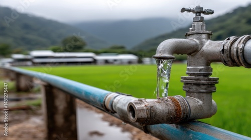 Water flows from an engine into a green rice field in Thailand, demonstrating essential irrigation techniques and agricultural practices