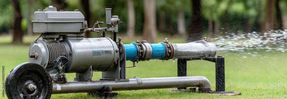 Water flows from an engine into a green rice field in Thailand, demonstrating essential irrigation techniques and agricultural practices