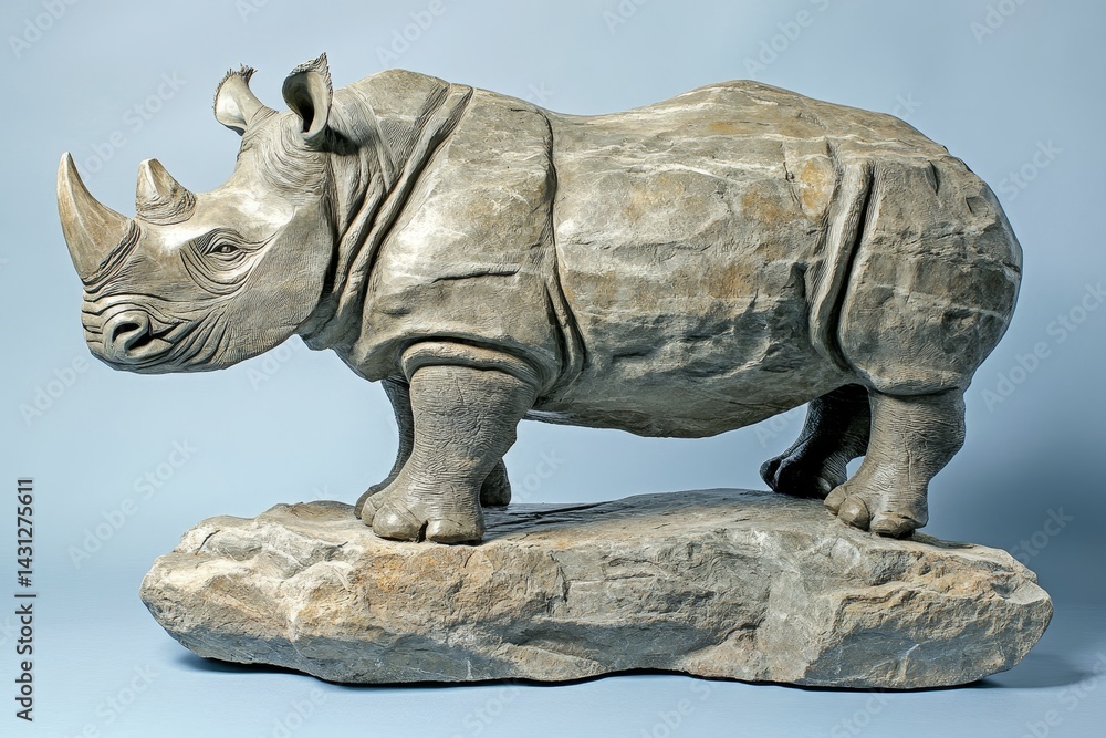 Fototapeta premium Gray stone sculpture of a rhinoceros on a rocky base.
