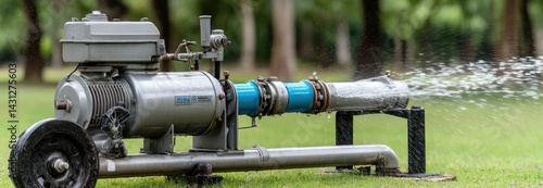 Obraz na płótnie Water flows from an engine into a green rice field in Thailand, demonstrating essential irrigation techniques and agricultural practices w salonie