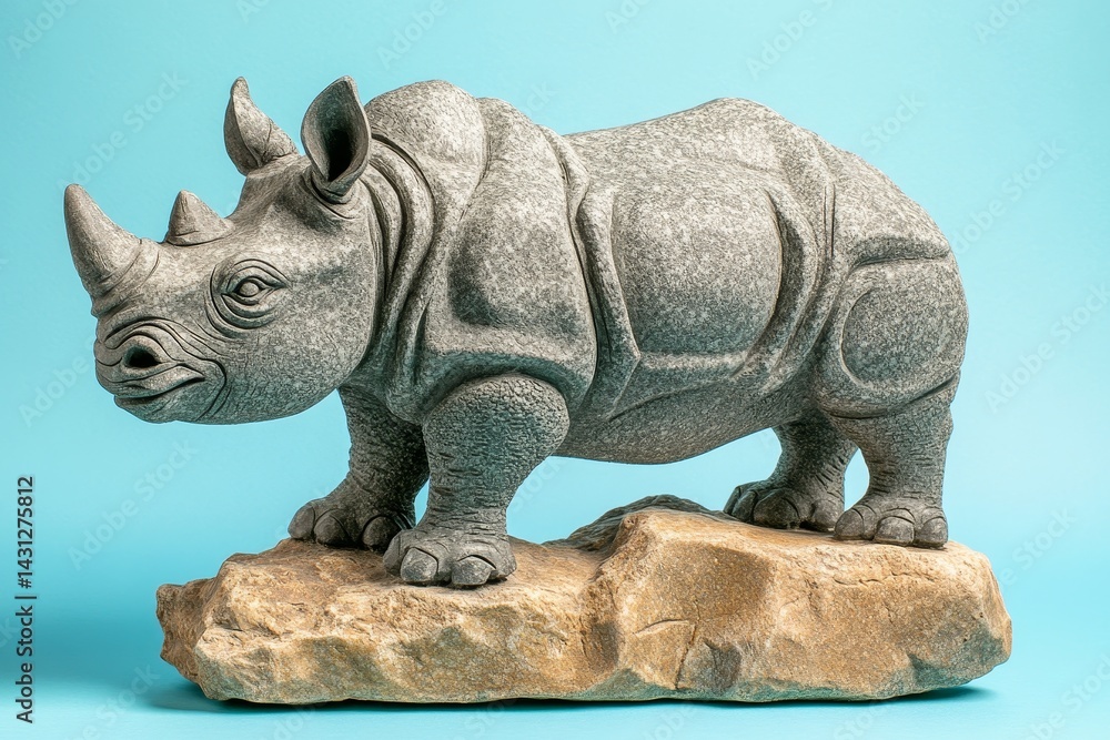 Fototapeta premium Gray stone rhinoceros sculpture on a natural rock base.