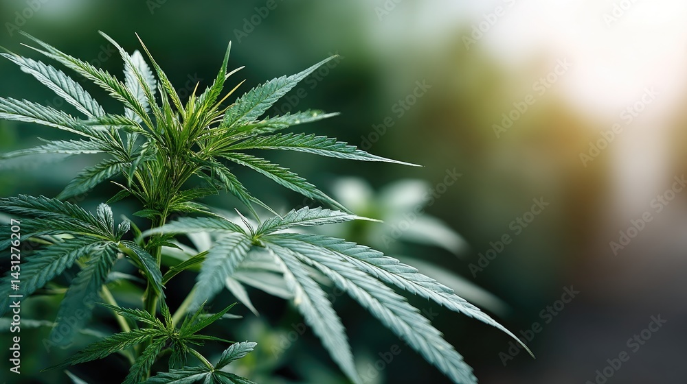 Vibrant green cannabis leaves grow in a garden, beautifully soft-focused against a dark background, providing ample design space