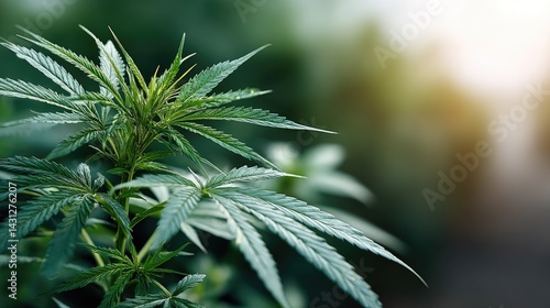 Obraz na płótnie Vibrant green cannabis leaves grow in a garden, beautifully soft-focused against a dark background, providing ample design space w salonie