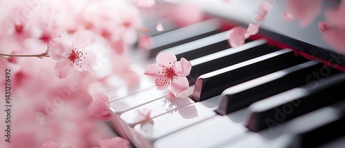 Serene Piano Keys Adorned with Delicate Pink Cherry Blossoms in Soft Focus for Musical Springtime Composition